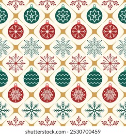 Christmas seamless pattern. Snowflakes,  Christmas ball and ornaments background design for decoration on Christmas card, banner, wrapping, wallpaper, textile, fashion.