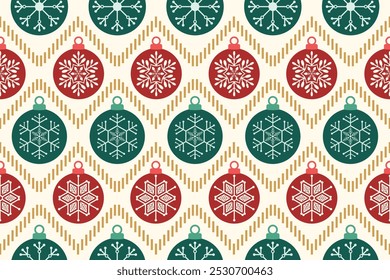 Natal padrão sem emenda. Flocos de neve, bola de Natal e ornamentos de fundo design para decoração no cartão de Natal, banner, envoltório, papel de parede, têxtil, moda.