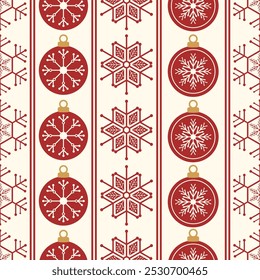 Natal padrão sem emenda. Flocos de neve, bola de Natal e ornamentos de fundo design para decoração no cartão de Natal, banner, envoltório, papel de parede, têxtil, moda.