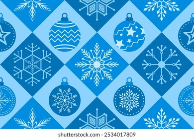 Christmas seamless pattern. Snowflakes,  Christmas ball and ornaments background design for decoration on Christmas card, banner, wrapping, wallpaper, textile, fashion.