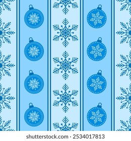 Christmas seamless pattern. Snowflakes,  Christmas ball and ornaments background design for decoration on Christmas card, banner, wrapping, wallpaper, textile, fashion.