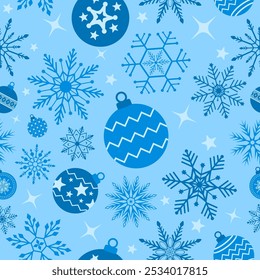 Christmas seamless pattern. Snowflakes,  Christmas ball and ornaments background design for decoration on Christmas card, banner, wrapping, wallpaper, textile, fashion.