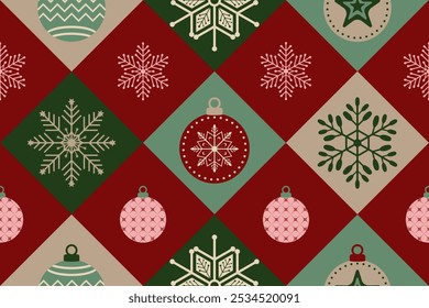 Christmas seamless pattern. Snowflakes,  Christmas ball and ornaments background design for decoration on Christmas card, banner, wrapping, wallpaper, textile, fashion.