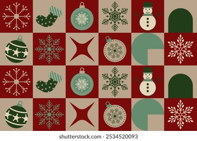 Navidades sin patrón. Copos de nieve, bola de Navidad y adornos de diseño de fondo para la decoración en la tarjeta de Navidad, Anuncio, envoltura, Fondo de pantalla, textil, moda.