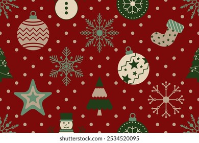 Navidades sin patrón. Copos de nieve, bola de Navidad y adornos de diseño de fondo para la decoración en la tarjeta de Navidad, Anuncio, envoltura, Fondo de pantalla, textil, moda.