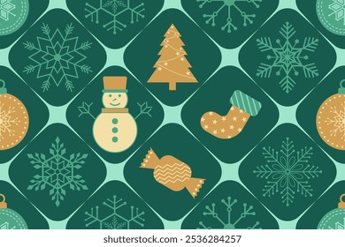 Navidades sin patrón. Copos de nieve, bola de Navidad y adornos de diseño de fondo para la decoración en la tarjeta de Navidad, Anuncio, envoltura, Fondo de pantalla, textil, moda.