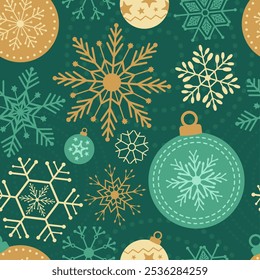 Christmas seamless pattern. Snowflakes,  Christmas ball and ornaments background design for decoration on Christmas card, banner, wrapping, wallpaper, textile, fashion.