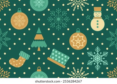 Navidades sin patrón. Copos de nieve, bola de Navidad y adornos de diseño de fondo para la decoración en la tarjeta de Navidad, Anuncio, envoltura, Fondo de pantalla, textil, moda.