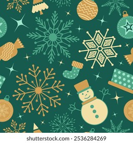 Navidades sin patrón. Copos de nieve, bola de Navidad y adornos de diseño de fondo para la decoración en la tarjeta de Navidad, Anuncio, envoltura, Fondo de pantalla, textil, moda.