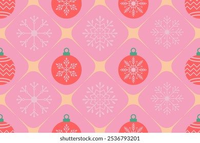 Weihnachten nahtloses Muster. Schneeflocken, Weihnachtsball und Ornamente Hintergrunddesign für die Dekoration auf Weihnachtskarte, Banner, Verpackung, Tapete, Textil, Mode.
