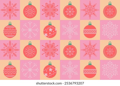 Christmas seamless pattern. Snowflakes,  Christmas ball and ornaments background design for decoration on Christmas card, banner, wrapping, wallpaper, textile, fashion.