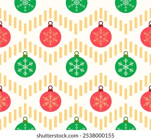 Natal padrão sem emenda. Flocos de neve, bola de Natal e ornamentos de fundo design para decoração no cartão de Natal, banner, envoltório, papel de parede, têxtil, moda.
