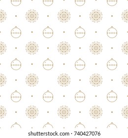 Christmas seamless pattern with snowflakes, balls and dots. Gold and white colors.