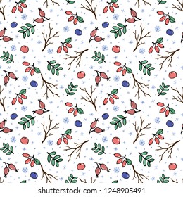 Christmas seamless pattern with snowflakes and berries on white background. Vector illustration