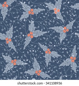 Christmas seamless pattern with snowflakes, berry, fine leaves brunch. Holiday background in with, red and blue colors