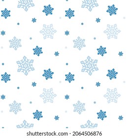 Christmas seamless pattern of snowflakes, blue on white background