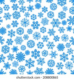 Christmas seamless pattern of snowflakes, blue on white