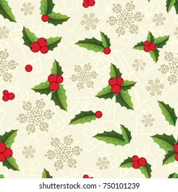 Christmas seamless pattern with snowflakes and bright mistletoe leaves on light background flat vector illustration