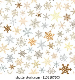 Christmas seamless pattern of snowflakes, brown and gray on white background.