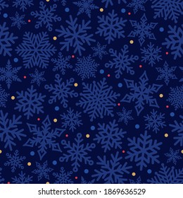 Christmas seamless pattern with snowflakes and confetti. Abstract winter background.  Vector holidays illustration on dark blue background.
