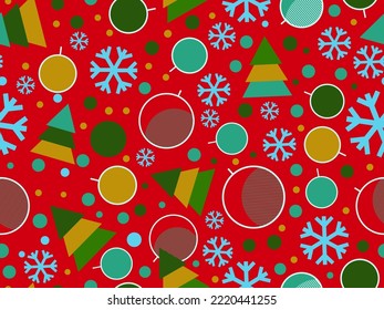 Christmas seamless pattern with snowflakes and christmas decorations and geometric shapes in 80s style. Festive background for greeting cards, wrapping paper and banners. Vector illustration