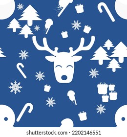 Christmas seamless pattern with snowflakes and deer on blue background. Flat vector illustration. 