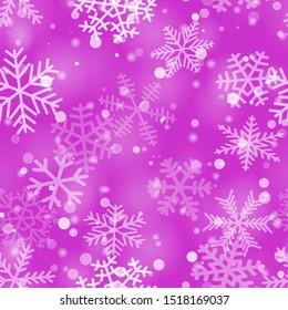 Christmas seamless pattern of snowflakes of different shapes, sizes and transparency in purple colors