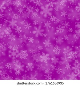 Christmas seamless pattern of snowflakes of different shapes, sizes, blur and transparency on purple background