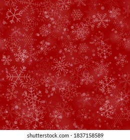 Patrón ininterrumpido de Navidad de copos de nieve de diferentes formas, tamaños y transparencia, sobre fondo rojo