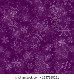 Navidad, patrón sin fisuras de copos de nieve de diferentes formas, tamaños y transparencia, sobre fondo morado