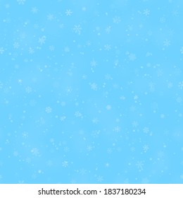 Weihnachtsnahtlose Muster von Schneeflocken verschiedener Formen, Größen und Transparenz auf hellblauem Hintergrund