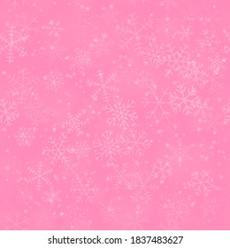 Patrón ininterrumpido de Navidad de copos de nieve de diferentes formas, tamaños y transparencia, sobre fondo rosa