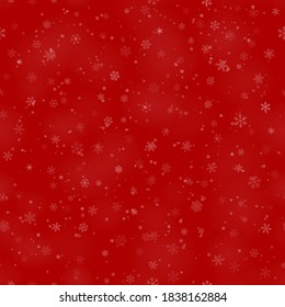Christmas seamless pattern of snowflakes of different shapes, sizes and transparency, on red background