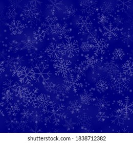 Weihnachtsnahtlose Muster von Schneeflocken verschiedener Formen, Größen und Transparenz auf blauem Hintergrund