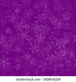 Christmas seamless pattern of snowflakes of different shapes, sizes and transparency, on purple background
