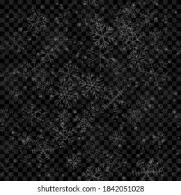 Navidad patrón sin fisuras de copos de nieve de diferentes formas, tamaños y transparencia en colores blancos sobre fondo transparente