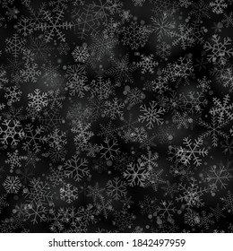 Weihnachten-nahtlose Muster von Schneeflocken verschiedener Formen, Größen und Transparenz auf schwarzem Hintergrund