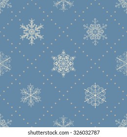 Christmas seamless pattern of snowflakes and dots, white on  blue
