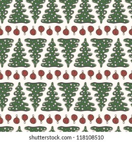 Christmas seamless pattern with snowflakes, fir trees and decoratiions