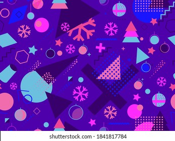 Navidad sin fisuras con copos de nieve y abetos. Bolas de Navidad y formas geométricas. Ideal para folletos, material promocional, papel de envoltura y papel tapiz. Ilustración del vector