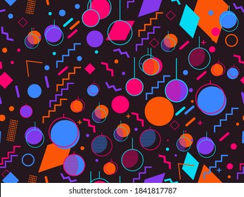 Christmas seamless pattern with snowflakes and fir trees. Christmas balls and geometric shapes. Great for brochures, promotional material, wrapping paper and wallpapers. Vector illustration