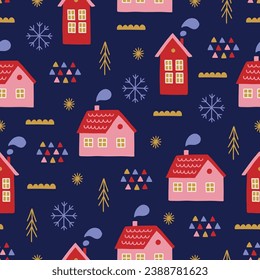 Christmas seamless pattern with snowflakes, fir trees and houses on dark background. Perfect for wallpaper, gift paper, winter greeting cards. Vector illustration