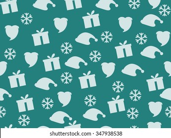 Christmas seamless pattern with snowflakes, gift box and cap of Santa Claus.