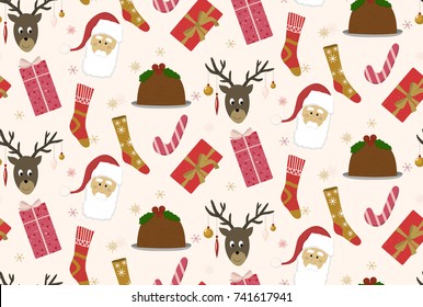 Christmas seamless pattern with snowflakes, gifts, reindeer, cake and candy. Vector illustration.