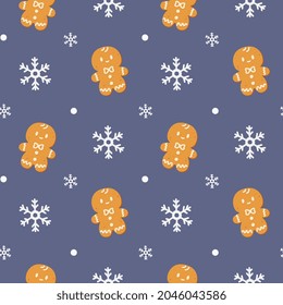 Navidad sin costuras con copos de nieve y hombres de pan de jengibre. Perfecto para papeles pintados, papel de envoltura, patrones de relleno, saludos de invierno, antecedentes de página web, tarjetas de Navidad y Año Nuevo.