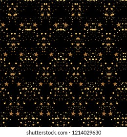 Christmas seamless pattern with snowflakes and golden confetti on a black background for packaging, wrappers, holidays, fabrics and light industry.