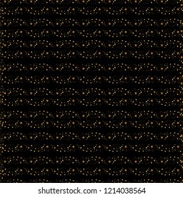 Christmas seamless pattern with snowflakes and golden confetti on a black background for packaging, wrappers, holidays, fabrics and light industry. Vector image.