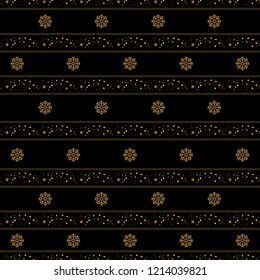Christmas seamless pattern with snowflakes and golden confetti on a black background for packaging, wrappers, holidays, fabrics and light industry. Vector image.