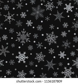Christmas seamless pattern of snowflakes, gray on black background.