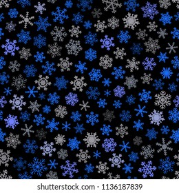 Christmas seamless pattern of snowflakes, gray and blue on black background.